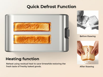 Toaster 2-Slice Stainless Steel Smart Touchscreen – 5 Bread Types, 6 Browning Levels, Wide Slots, Temperature Control, Removable Crumb Tray, Compact Kitchen Toaster