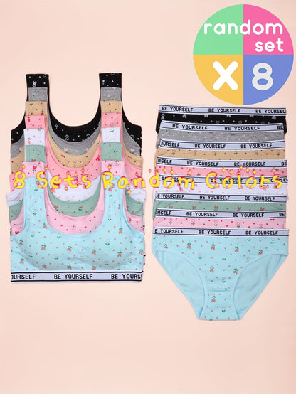8-Pack Girls' Training Bra and Panty Set - Breathable Everyday Comfort
