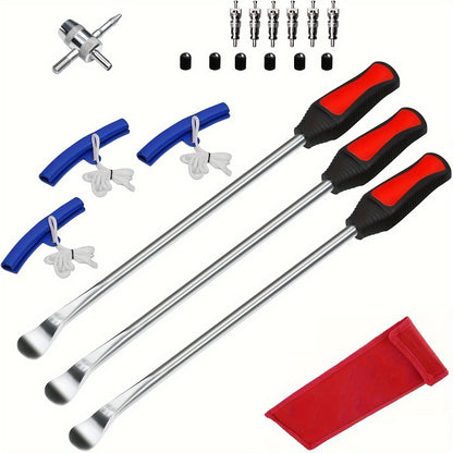 14.5in 19pcs/11.5in 22pcs Tire Spoons Iron Set, Steel Tire Changing Removal Tool for Dirt Bike Lawn Mower Motorcycle|Tire Spoon Lever|Rim Protector|Valve Tool|Valve Cores|Tire Valve Stem TR414&Caps