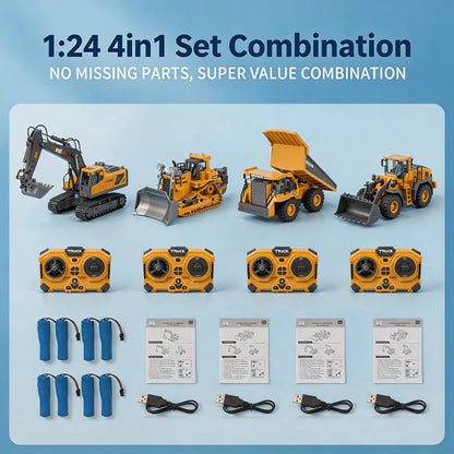 RC Construction Vehicle Set 2.4G 11-Channel Remote Control Excavator Dump Truck Bulldozer | 1:24 & 1:64 Alloy Engineering Toy | 2-in-1, 3-in-1, 4-in-1 Kit for Kids Adults