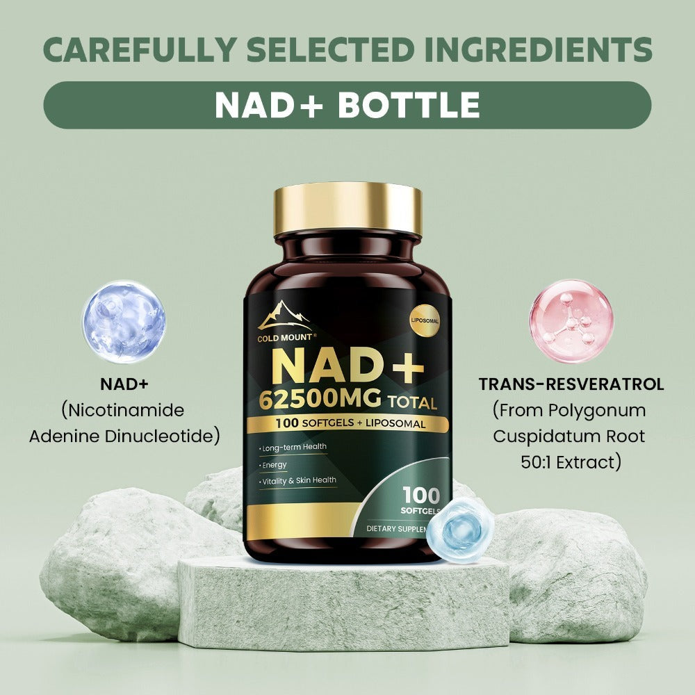 NAD+ Supplement 62500mg with Nicotinamide Riboside & Trans-Resveratrol — Healthy Aging, Brain Health, Memory & Focus Support | Sirtuin Activator | 100 Softgels 50-Day Supply | 1-3 Bottle Options