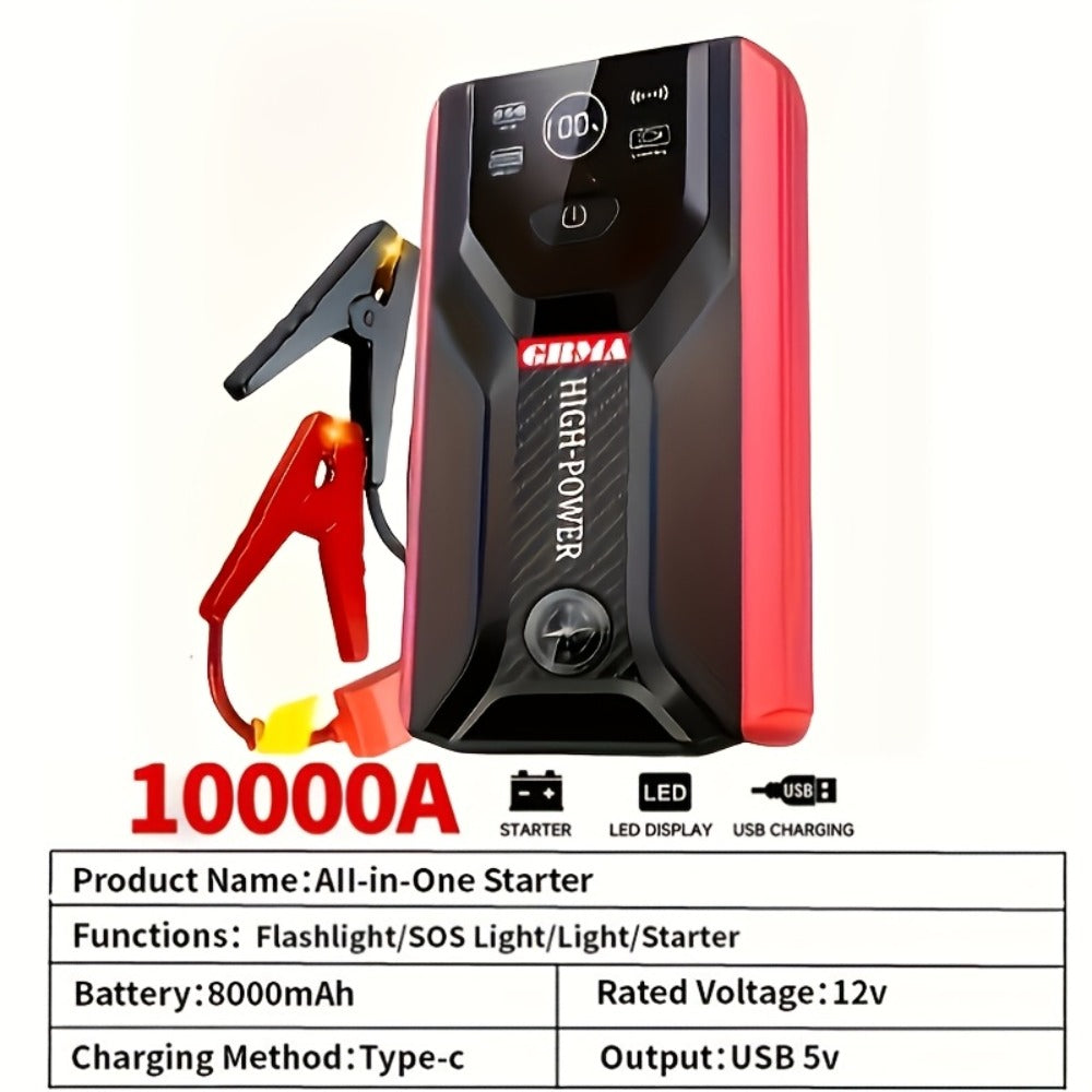 Portable Car Jump Starter 12V – Peak Power Battery Booster Pack for 8.0L Gas & Diesel Engines, USB Charging & LED Emergency Light, Roadside Car Starter Kit