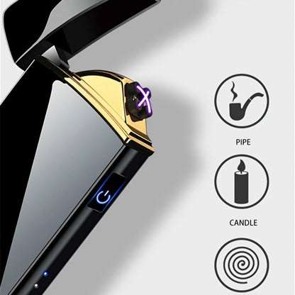 Electric Plasma Lighter USB Rechargeable – Windproof Dual Arc, LED Power Display, Touch Induction | Compact Metal Design for Outdoor Camping, Hiking & Survival | 2 Colors & 6 Styles