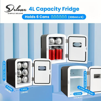 Aesthetic Mini Fridge 4 Liter with Stickers - Portable Cooler and Warmer for 6 Cans, AC/DC Compact Refrigerator for Bedroom, Office, Dorm & Car, Cute Mini Fridge Gift for Friends, Black Pink Red