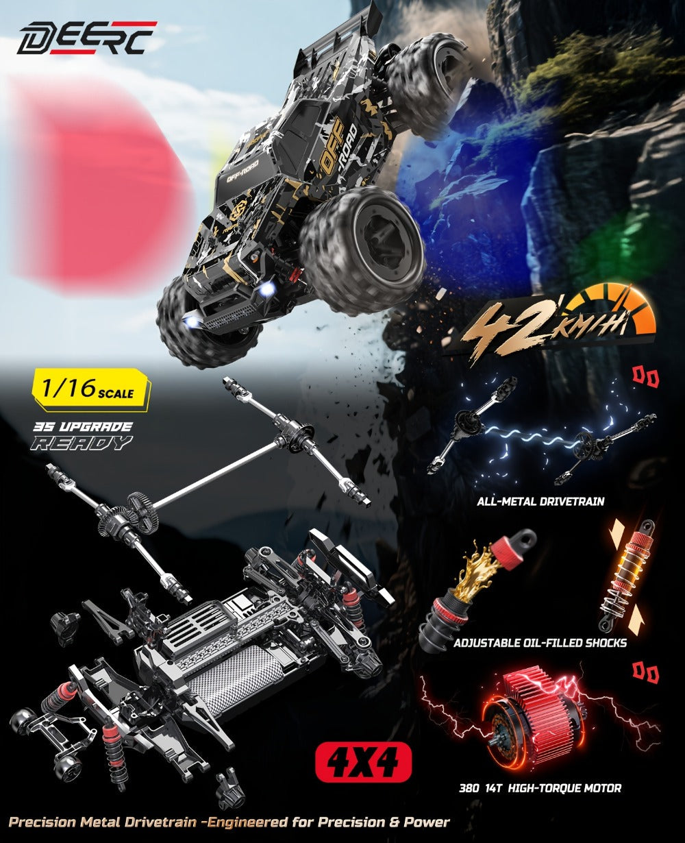 DEERC All-Metal 42KM/H RC Truck 1/16 Scale 4WD Off-Road Monster Truck Dual 1500mAh Batteries 40-Min Runtime LED Headlights Wheelie Bar – High Speed Remote Control Car for Adults Hobbyists Black