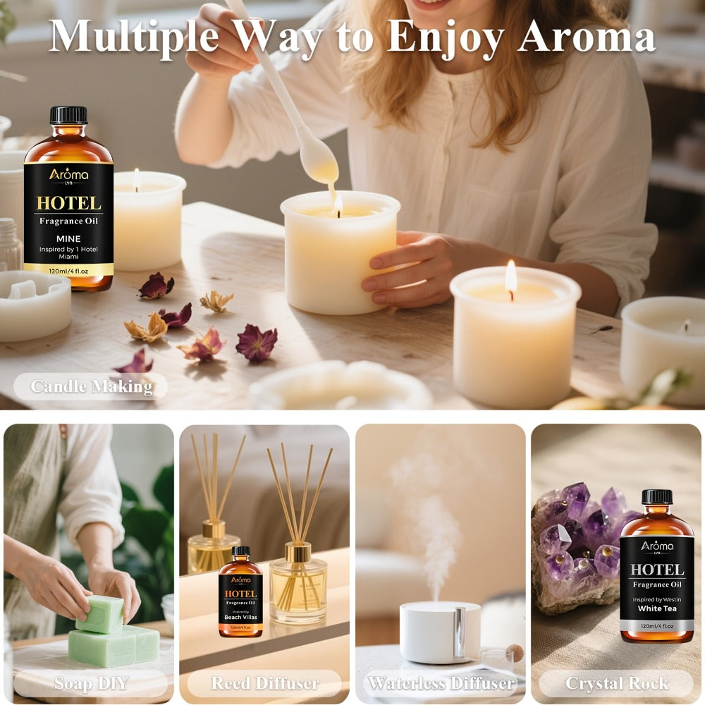 Hotel Fragrance Oil 4oz – Luxury Resort Scents for Diffuser, Candle, Humidifier & Car | M Way, White Tea, Carlton, Beach Villas