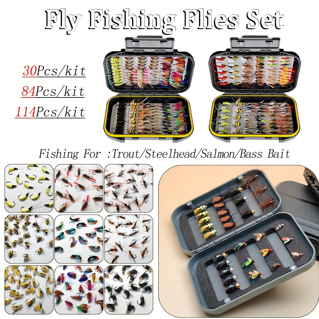 Fly Fishing Flies Kit Hand-Tied Assortment – Dry Flies, Wet Flies, Nymphs & Streamers for Trout, Bass, Salmon | Freshwater & Saltwater | 30/84/114Pcs with Fly Box for Stream, Lake & River Fishing