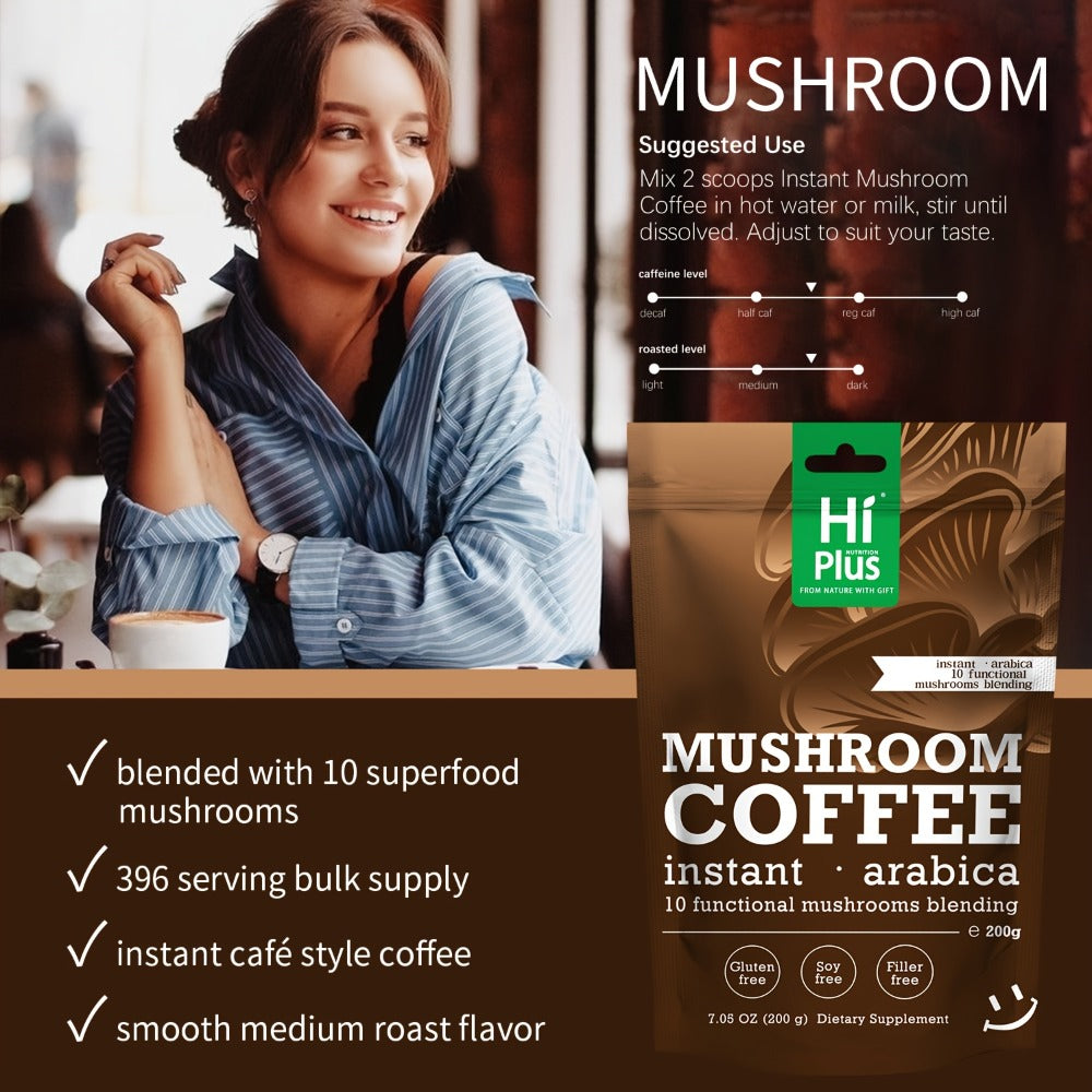 Instant Mushroom Coffee Powder 7oz with Lion's Mane Chaga Reishi Cordyceps Turkey Tail Arabica | 10 Superfood Blend for Focus Clean Energy & Immune Support | No Jitters Gluten-Free Soy-Free Dairy-Free