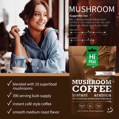Instant Mushroom Coffee Powder 7oz with Lion's Mane Chaga Reishi Cordyceps Turkey Tail Arabica | 10 Superfood Blend for Focus Clean Energy & Immune Support | No Jitters Gluten-Free Soy-Free Dairy-Free