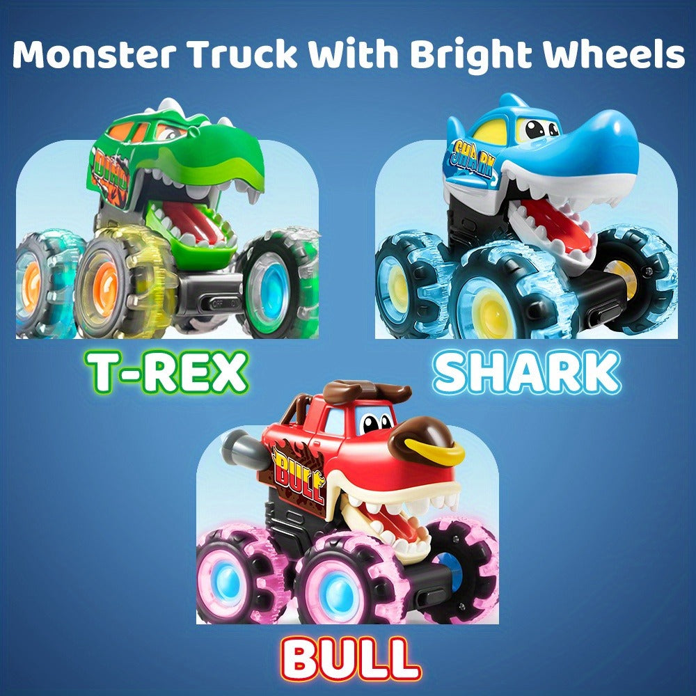Monster Truck Toys for Toddlers 3-Pack LED Light Up Wheels Press & Go Animal Trucks Shark Bull Dinosaur – Glow Push Car Toy for Kids Ages 1-5 Birthday Easter Christmas Gift Boys Girls