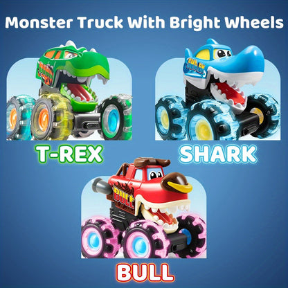 Monster Truck Toys for Toddlers 3-Pack LED Light Up Wheels Press & Go Animal Trucks Shark Bull Dinosaur – Glow Push Car Toy for Kids Ages 1-5 Birthday Easter Christmas Gift Boys Girls