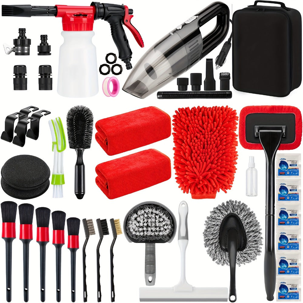 26/42-Piece Complete Car Wash & Detailing Kit – Foam Spray Gun, Portable Vacuum, Windshield Cleaner, Tire Brush, Detail Brushes & Towels for Interior & Exterior Car Cleaning