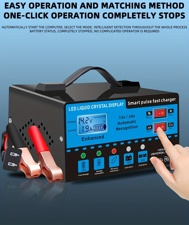 12V And 24V Intelligent Universal Battery Charger Inverter, with LCD Display Intelligent Maintenance Overcharge And Short Circuit Protection, Suitable for Intelligent Trickle Charging Maintenance of Various Cars, Yachts, And Batteries