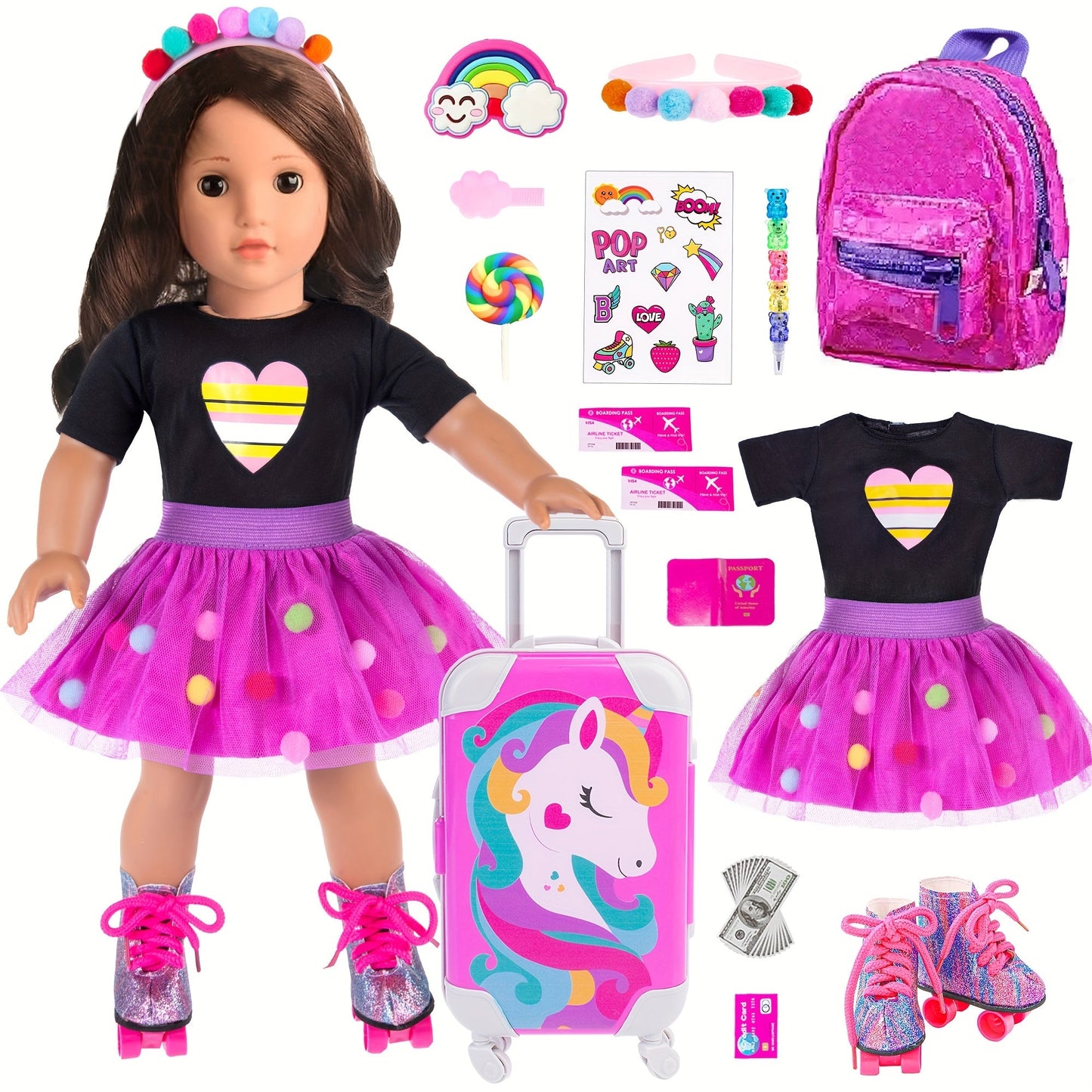 18 Inch Doll Travel Accessories Set 25 Pcs – Unicorn Suitcase Roller Skates Backpack Outfit Hairpins School Supplies, Fits American Girl & Most 18 Inch Dolls, Birthday Christmas Gift for Girls Ages 3-12 No Doll