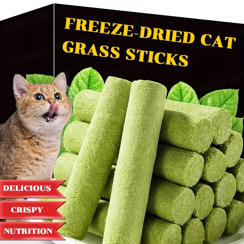 Cat Grass Freeze-Dried Sticks – Natural Dental Chew Snacks for Cats, Hairball Removal & Teeth Cleaning, Consumable Cat Grass Chew Toy (15 or 30 pcs)