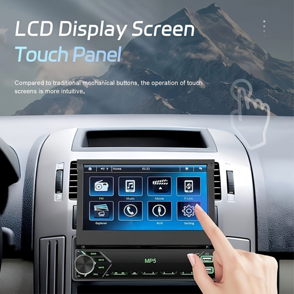 Single DIN Car Stereo - 7" HD Retractable Touchscreen, MP5 Player, Mirror Link, Bluetooth Hands-Free, FM Radio, USB & AUX, Colorful Backlight, 45W x4 Output