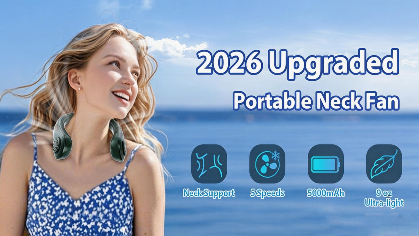 Bladeless Neck Fan USB Rechargeable | 5-Speed Quiet Portable Personal Cooling Fan for Office, Travel & Outdoor Use – Hands-Free Wearable Design, Long Battery Life, Multiple Colors