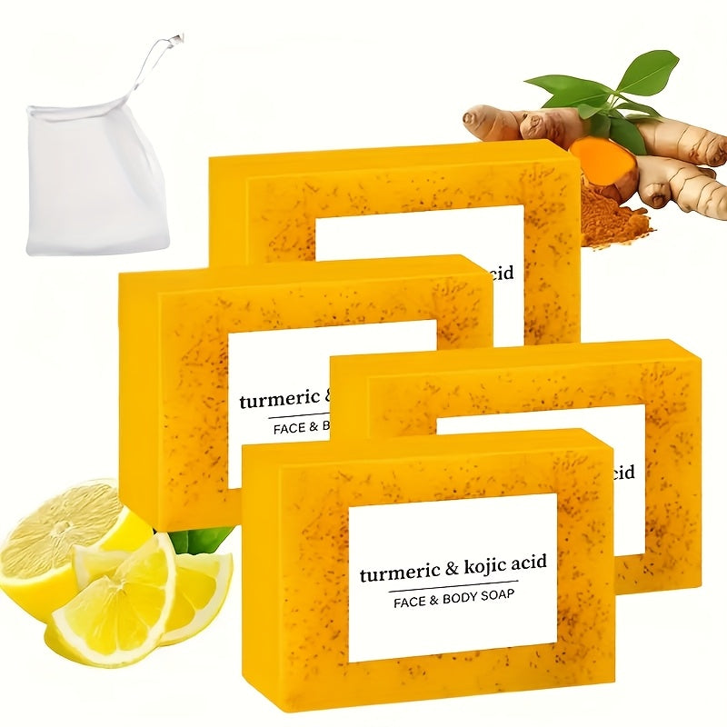 Kojic Acid Soap Bar 4 Pack with Foaming Mesh Net — Turmeric Brightening Deep Cleansing Oil Control Moisturizing Natural Face Body Soap for Women All Skin Types, Skincare Gift Set