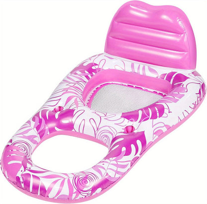 Recliner Pool Float Lounger for Adults – Inflatable Zero-Gravity Floating Chair with Cup Holders, Mesh Seat & Foot Rest, Pink Tropical Leaf Design, Summer Pool Party Water Toy