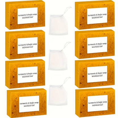 Turmeric Kojic Acid Brightening Soap Handmade Lemon Cold Process Deep Cleansing Hydrating Bar for Face & Body All Skin Types – Bundle Sets with Liquid Soap & Face Wash, Skincare Gift for Women