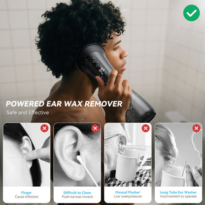 Electric Ear Wax Remover Rechargeable - LED Battery Display, 3 Pressure Levels, Integrated Waste Water Tank, Gentle Earwax Cleaning Tool for Home Use - Safe Ear Irrigation Cleaner for Adults & Kids