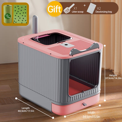 Enclosed Cat Litter Box with Odor Control – Extra Large Covered Design, High Privacy, Easy Clean Modern Cat Toilet for Multiple Cats | Includes Garbage Bags | White, Pink & Yellow