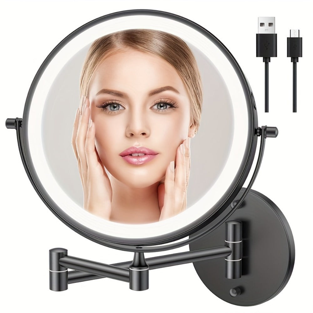 Wall Mounted Lighted Makeup Mirror 10X Magnification - 8 Inch LED Vanity Mirror 1X/10X Double Sided, 3-Color Touch Dimmer, 360° Swivel, USB Rechargeable Bathroom Mirror, Black Silver Gold