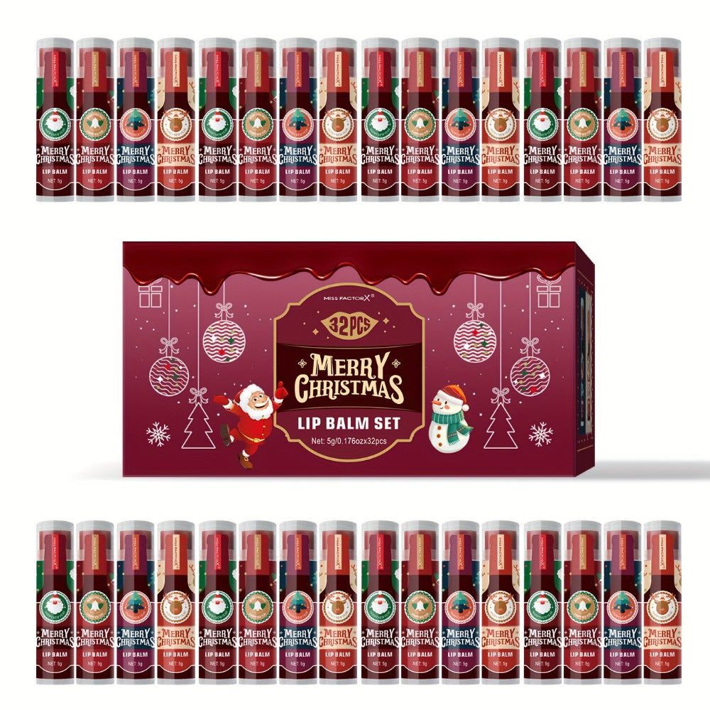 Christmas Lip Gloss & Balm Set 32 Pcs — MISS FACTOR Holiday Gift, Long-Lasting Hydrating Smudge-Proof Formula, Lipstick-Like Tubes, Festive Stocking Stuffer for Women Girls & Beauty Lovers