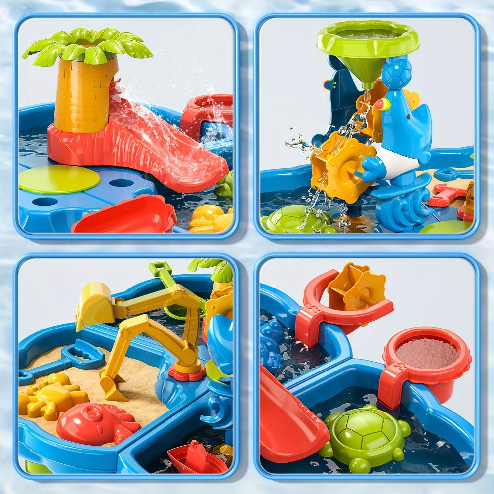4-in-1 Sand & Water Table for Toddlers & Kids – Outdoor Sensory Play Sandbox Activity Table with Beach Toys, Summer Holiday Backyard Toy for Ages 2+, Accessories Color Random
