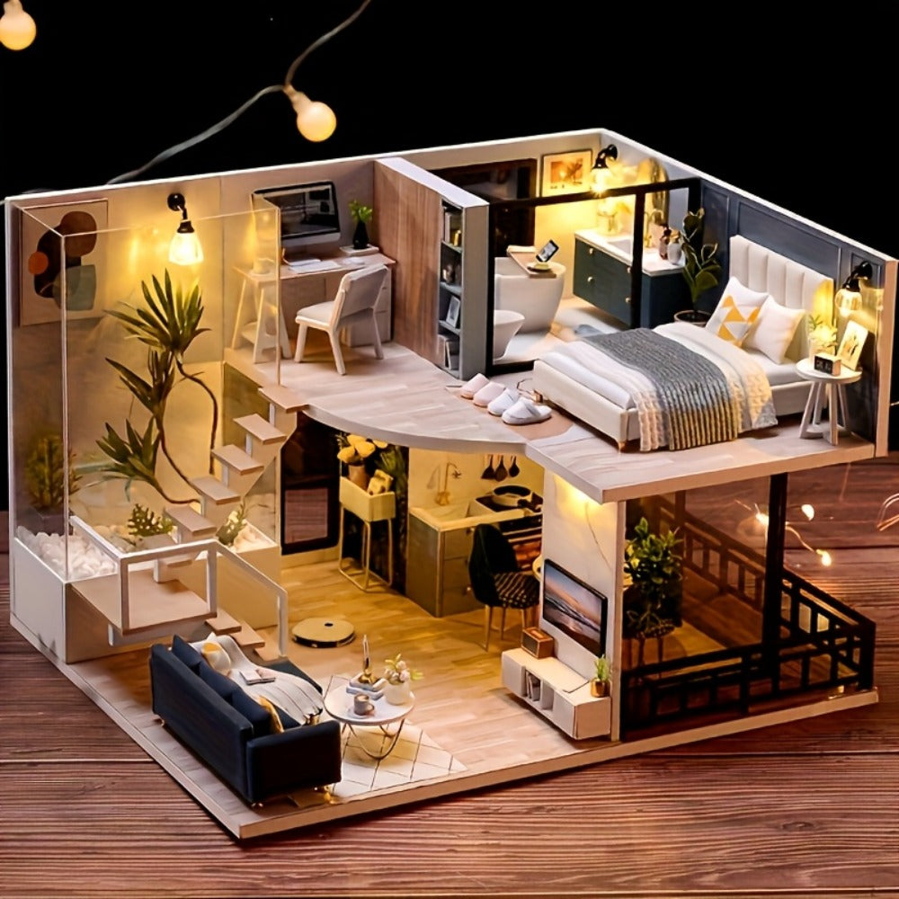 Double Story Wooden Cottage 3D Puzzle Model Kit with Furniture & Tools – No Glue No Battery DIY Handmade Apartment House Assembly Relaxing Craft Gift for Adults Teens Men Women Birthday Holiday