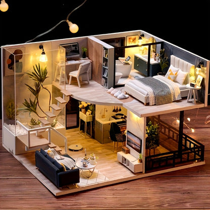 Double Story Wooden Cottage 3D Puzzle Model Kit with Furniture & Tools – No Glue No Battery DIY Handmade Apartment House Assembly Relaxing Craft Gift for Adults Teens Men Women Birthday Holiday