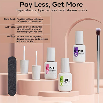 Dip Powder Nail Kit 11 Piece Complete Starter Set 4 Colors Nude Skin Tone Golden Glitter Acrylic Dipping Powder with Base Coat Top Coat & Activator - No Lamp French Nail Art Manicure Gift Set