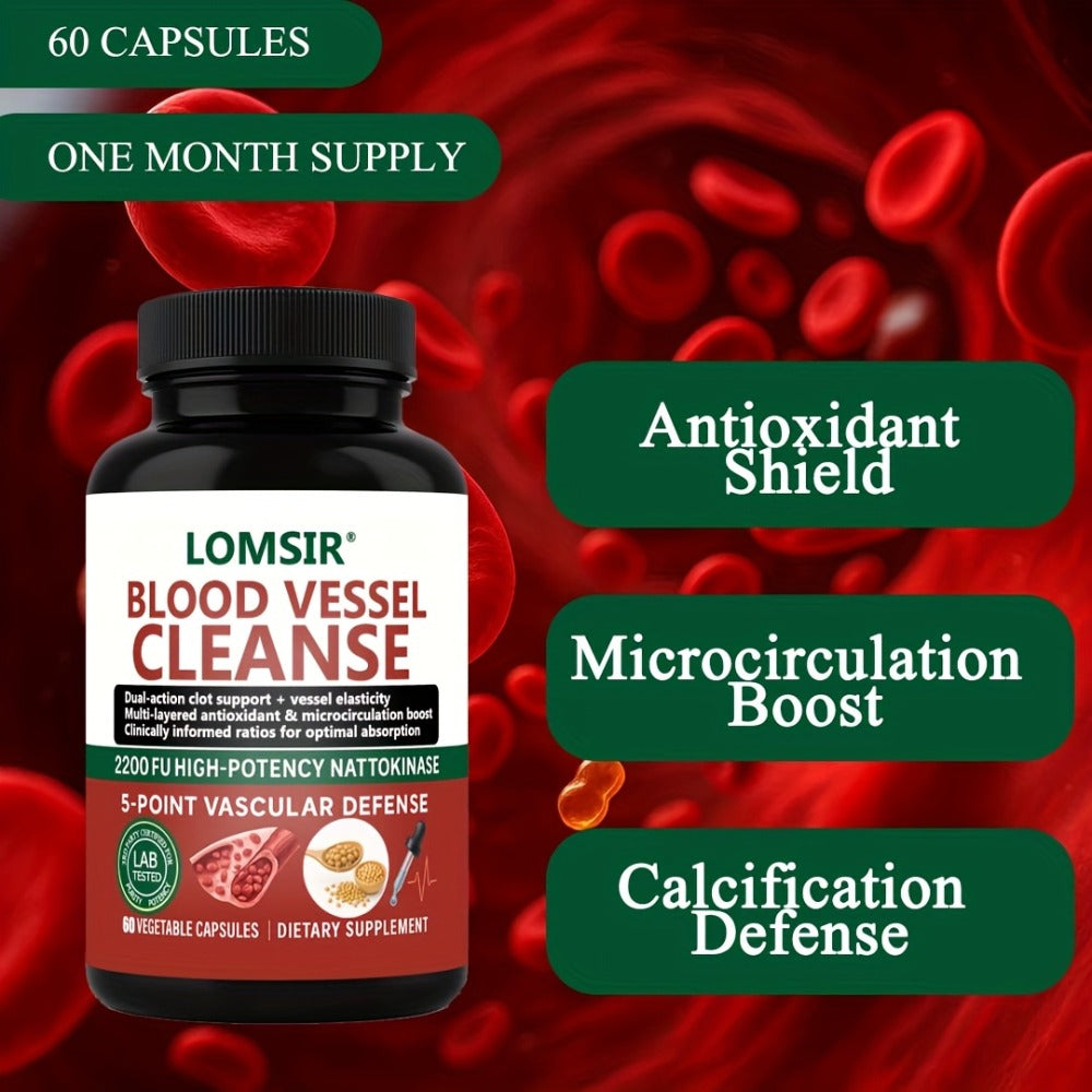 Blood Circulation Supplement Nattokinase with Gamma Oryzanol – Natural Enzyme Formula for Blood Vessel Cleanse, Circulatory System & Heart Health Support – Cardiovascular Wellness Daily Capsules – 60 Count
