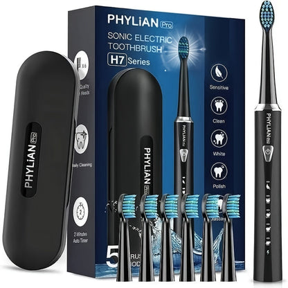 Sonic Electric Toothbrush for Adults Rechargeable – 5 Cleaning Modes 6 DuPont Brush Heads 40000 VPM 120-Day Battery 2-Minute Smart Timer Whitening Sensitive Polish Massage USB Charge Travel Ready Pink Black Purple
