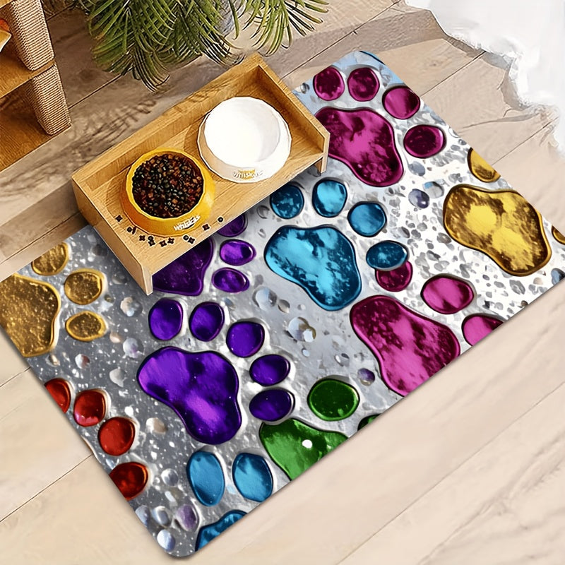 Pet Feeding Mat – Absorbent & Splash-Proof Dog & Cat Food Bowl Mat, Non-Slip Quick-Dry Heavy-Duty Floor Protector for Hardwood & Carpet, Colorful Paw Pattern, Ideal for Messy Eaters & Multi-Pet Homes | S M L XL