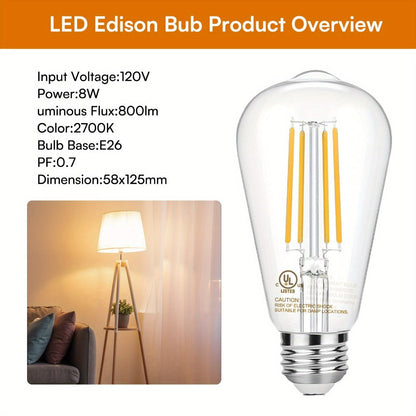 ST58 Vintage Edison LED Filament Bulb 8W 2700K Warm White Dimmable – 60W Equivalent E26 Base Clear Glass Antique Style for Chandelier Pendant Bedroom Living Room Home Commercial, 12 & 24 Pack
