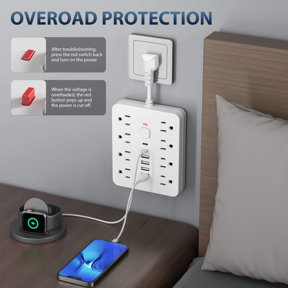 Power Strip Surge Protector 14-in-1 with 8 AC Outlets, 4 USB & 2 Type-C Ports – Flat Plug Space-Saving Extension Cord, Compact Multi-Plug Outlet Expander for Home Office Desk & Kitchen