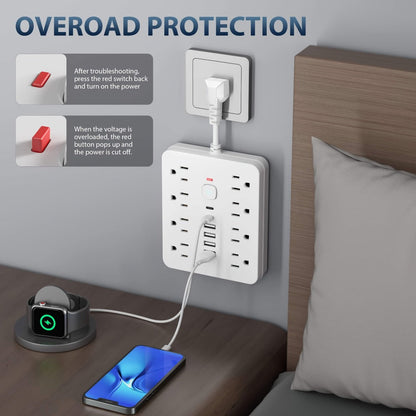 Power Strip Surge Protector 14-in-1 with 8 AC Outlets, 4 USB & 2 Type-C Ports – Flat Plug Space-Saving Extension Cord, Compact Multi-Plug Outlet Expander for Home Office Desk & Kitchen