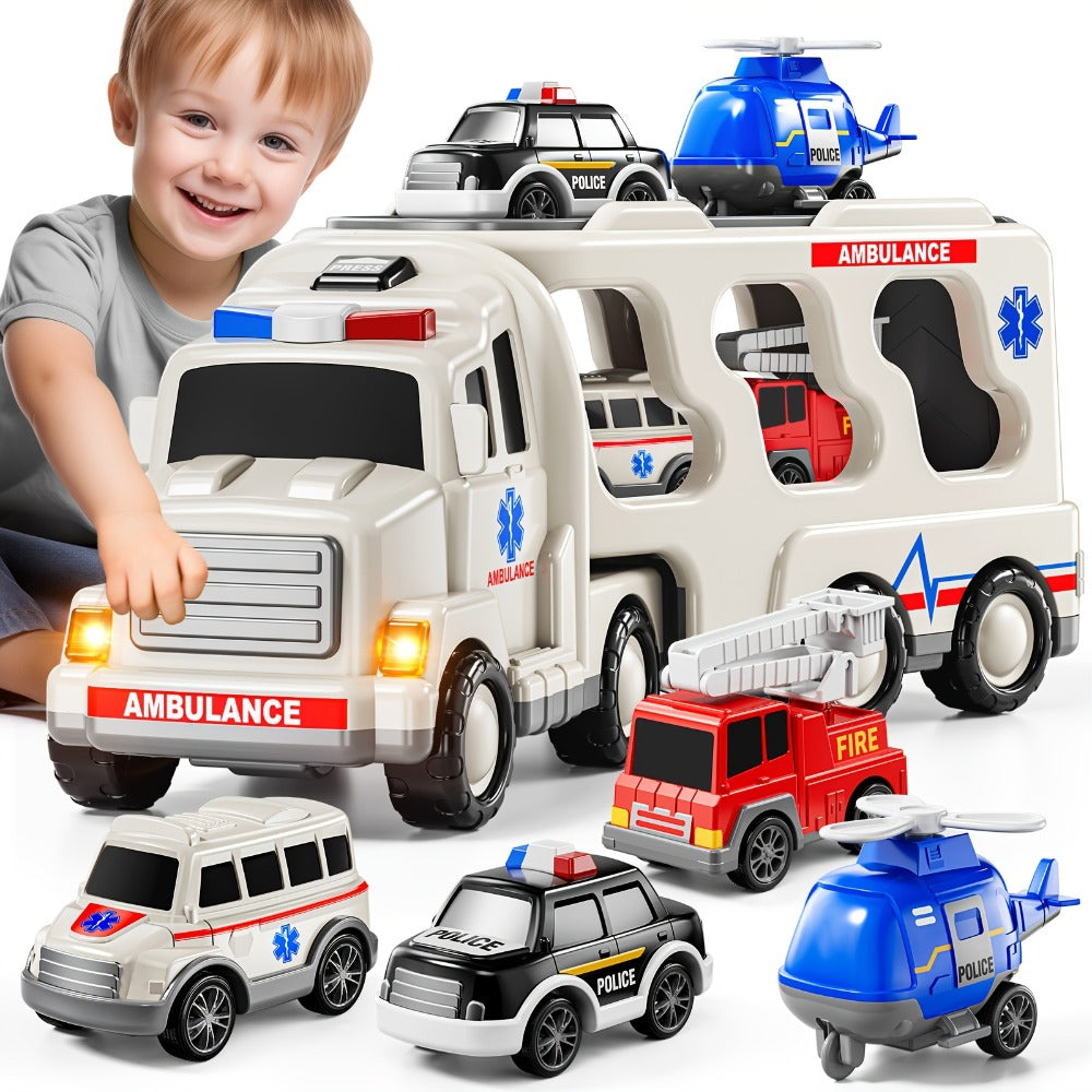 Ambulance Truck Toy 5-in-1 Carrier Set with Lights & Sounds – Friction Power Emergency Vehicle Playset for Kids Boys Ages 3+, Birthday Gift