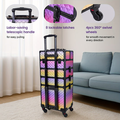 Rolling Makeup Train Case 4-in-1 Large Portable Cosmetic Trolley with 360 Degree Swivel Wheels Beauty Sponge Included Professional Salon Travel Organizer Gradient Purple Rose Gold