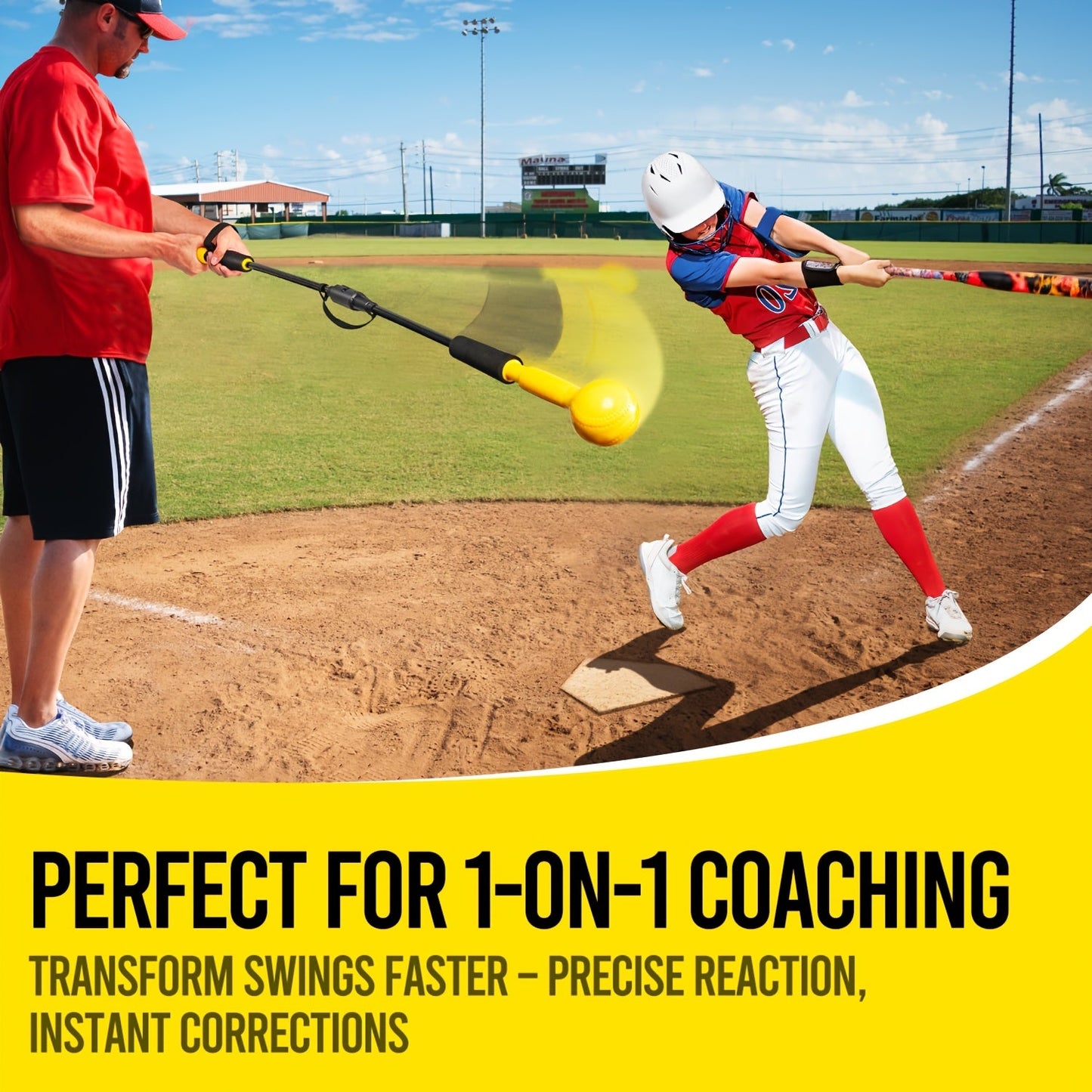 Baseball Swing Trainer Hitting Stick 54 Inch with Dual-Size Ball Head – Portable Softball Practice Bat for Individual Coaching, Batting Drills & Swing Mechanics Training, Yellow