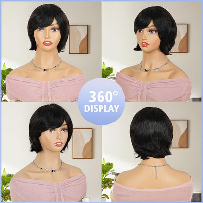 Short Human Hair Wigs for Black Women Curly Pixie Cut Bob with Bangs Brazilian Remy 150% Density None Lace Front Natural Black 8 Inch | Easy Wear Daily Party