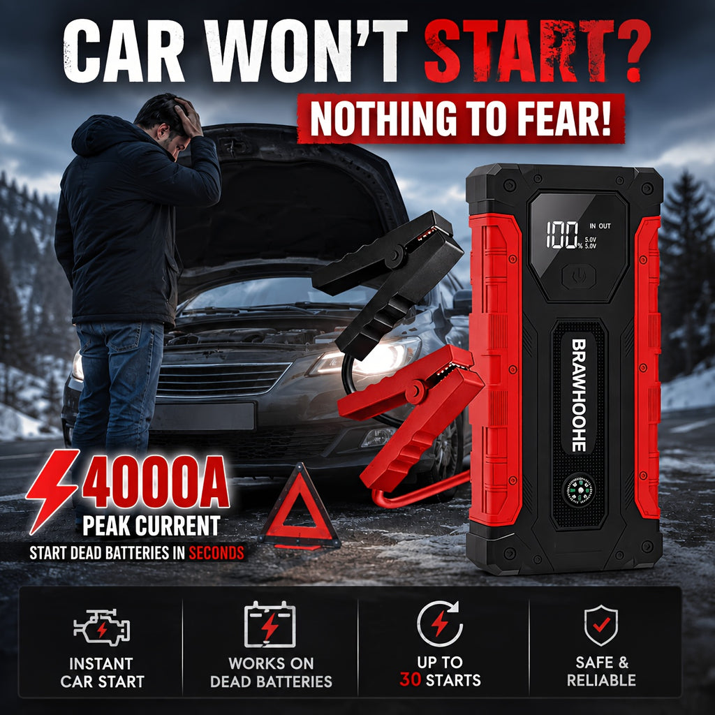 9-in-1Car Jump Starter 6500A 12V Portable Battery Booster with Air Compressor 160PSI, Emergency Power Bank for Car, LED Light Roadside Jump Starter Kit/4000A Portable Wireless Car Jump Starter