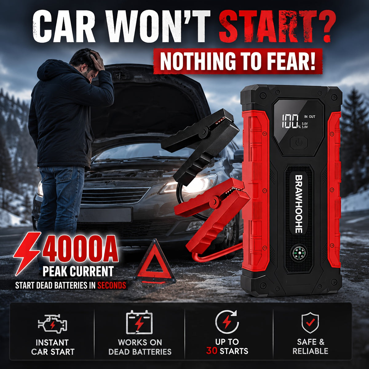 9-in-1Car Jump Starter 6500A 12V Portable Battery Booster with Air Compressor 160PSI, Emergency Power Bank for Car, LED Light Roadside Jump Starter Kit/4000A Portable Wireless Car Jump Starter