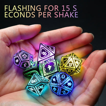 Glowing DnD Dice Set with Wireless Rechargeable Charging Case – 7-Piece LED Light Up Polyhedral Dice D4 D6 D8 D10 D12 D20 for Dungeons & Dragons, Pathfinder & Tabletop RPG, 6-Hour Battery, Mixed Blue Purple, Unique Gamer Gift