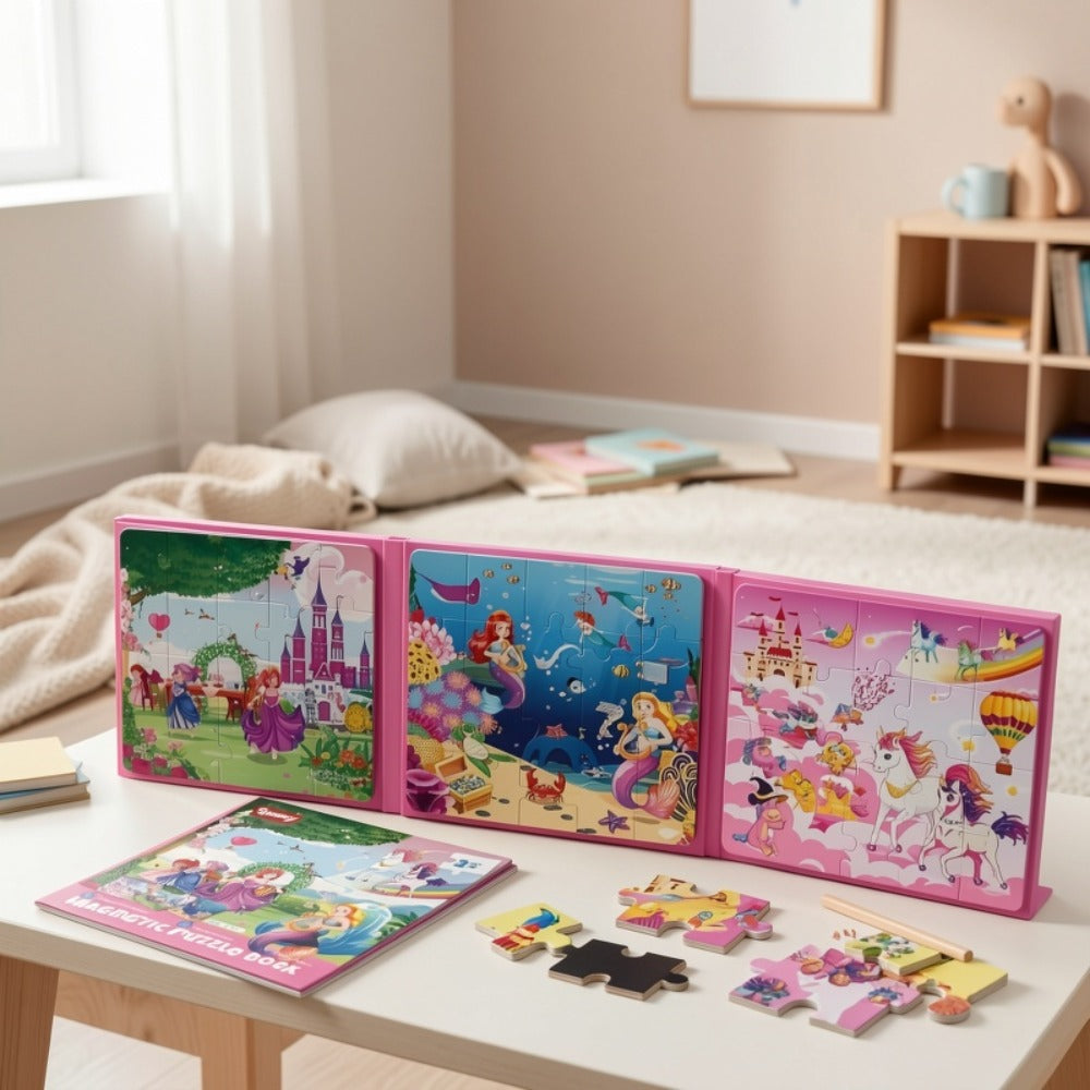Magnetic Puzzle Book for Girls 3 4 5 6 – 3-in-1 Unicorn Mermaid Princess Travel Puzzles, 20 Pieces Folding Magnetic Jigsaw for Toddlers, Road Trip Car Airplane Activity, Birthday Gift for Little Girls