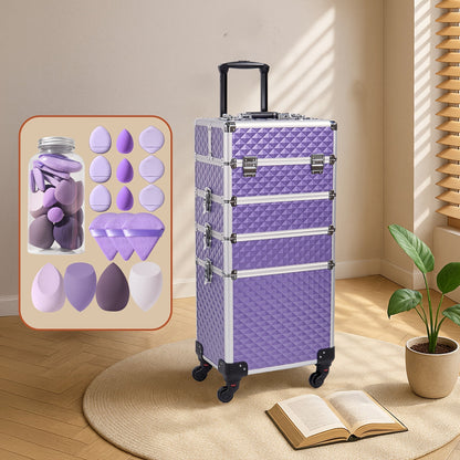 Rolling Makeup Train Case 4-in-1 Large Portable Cosmetic Trolley with 360 Degree Swivel Wheels Beauty Sponge Included Professional Salon Travel Organizer Gradient Purple Rose Gold
