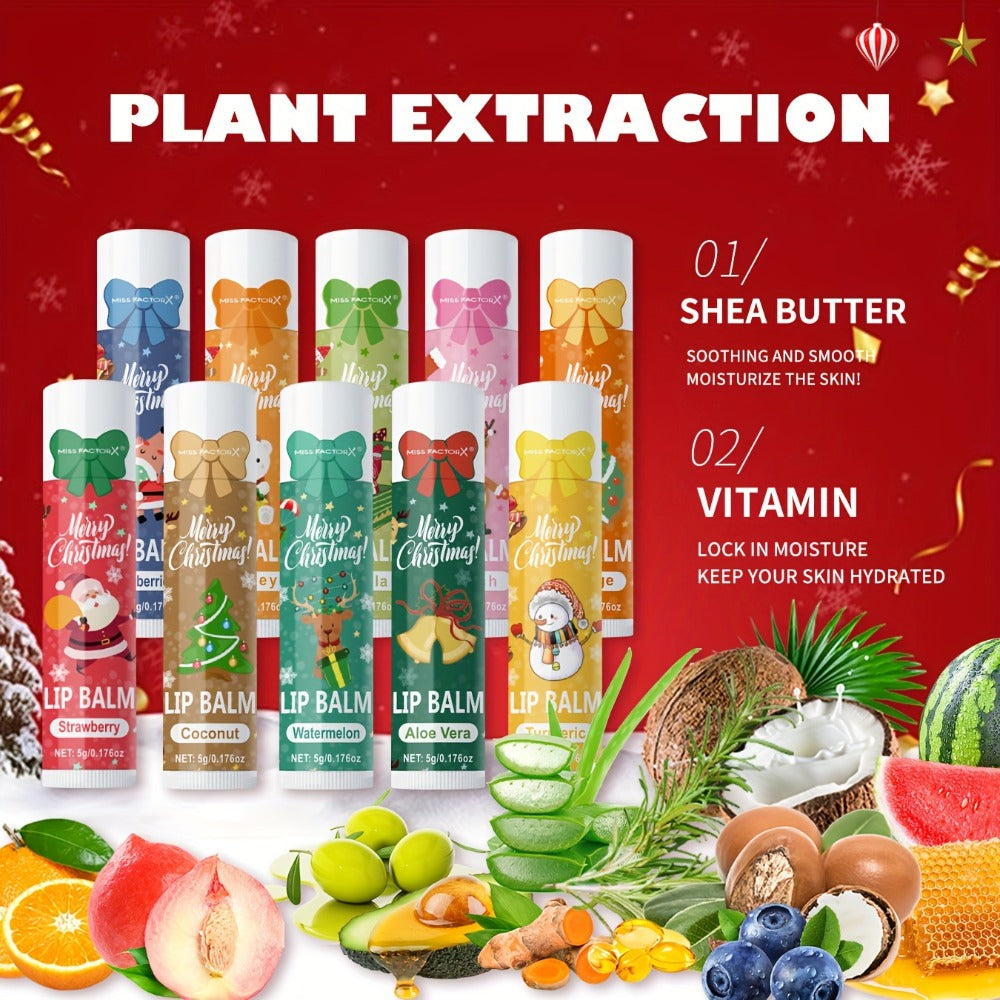 Moisturizing Lip Balm Set 10-Pack with Vitamin E — MISS FACTORX Natural Look Lipstick Collection for Women, Hydrating & Nourishing, All Skin Types, Christmas Holiday & Valentine's Day Gift