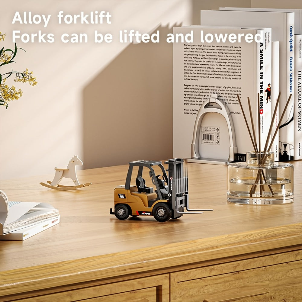 RC Forklift Toy 1/64 Scale Alloy Die Cast Remote Control Forklift Truck 7 Channel 3-in-1 Lift Fork Hook with Lights Rechargeable Kids Christmas Gift