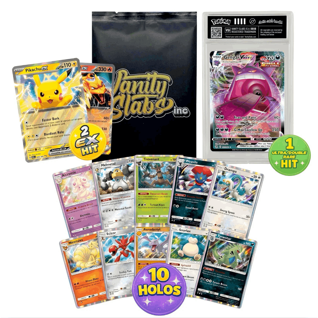 Pokemon Mystery Slab Pack – 1 V/VSTAR/VMAX/EX Card Sealed in Vanity Slab Display Case + 1 Bonus EX Card + 10 Holo Cards, Authentic TCG Collectible Display-Ready Gift for Kids & Collectors